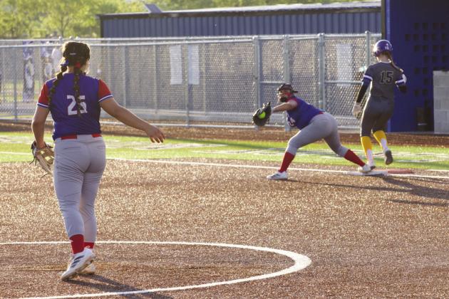Kylee Stanfield to Aubrey Lerma for the OUT at first base. | SHERI BATY PHOTO
