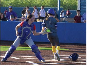 Savannah Friddle tries for the OUT at home. | SHERI BATY PHOTO