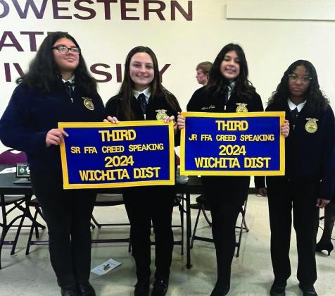 FFA WICHITA DISTRICT BANQUET Lexi Abila received her banner for Jr. Creed Speaking and Kinlee Eaton received her banner for Sr. CreedspeakingattheWichitaDistrictBanquet. | COURTESYPHOTO