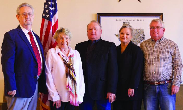 COMMISSIONERS’ COURT SWEARING IN CEREMONY On Thursday, Jan. 2, 2025 the Commissioners held a ceremony swearing in Knox County officials. Pictured from left Judge Don Thompson, Penny Eaton as County Tax Assessor, Ray Herring as County Commissioner Precinct 3, Robyn Harlin as County Attorney, and Louis Baty as County Commissioner Precinct 1. Sheriff Chris Mendoza was subsequently sworn in off-site. Herring, Eaton and Mendoza were incumbents reelected to their posts. | SHERI BATY PHOTO