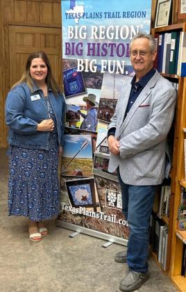 52 COUNTIES COME TO VISIT ONE Allison Kendrick of Lubbock, left, executive director of the Texas Plains Trail Region, met with Knox County Judge Don Thompson after the heritage tourism organization’s board meeting in Benjamin June 25. The region covers nearly 50,000 square miles in 52 counties of the Lone