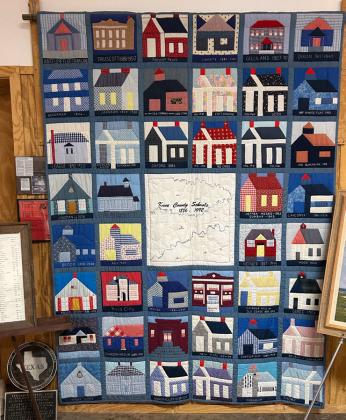 A HISTORICAL QUILT displays the 44 local schools once spread across Knox County— only one of the many interesting finds at the Wichita-Brazos Museum on Highway 82 in Benjamin.