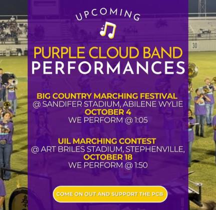 MUNDAY PURPLE CLOUD BANDTRAVELEDTOGRAHAM A small but mighty part of the band traveled to Graham to perform in the Lake Country Thunder Percussion Competition.The Purple Cloud Band percussion earned 2nd place overall, and Isaiah Reyes was recognized as the Outstanding Tenor Line. The band will be performing at the Big Country Marching Festival at Abilene Wylie High School’s Sandifer Stadium on Monday, Oct. 4. | COURTESY PHOTO