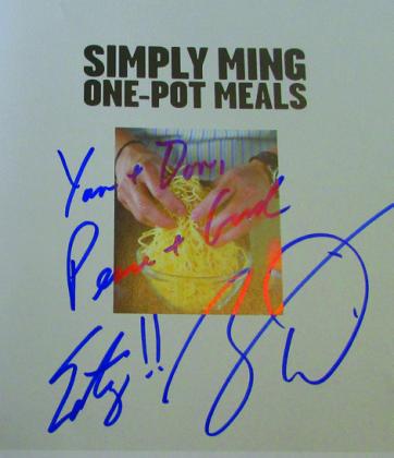CELEBRITY CHEF MING TSAI Mingautographedmybookwith thephrase“ToYanandDon,Peace and Good Eatz!!” and we talked about eating ox tail soup and hot pot in China. | DONTHOMPSON PHOTO