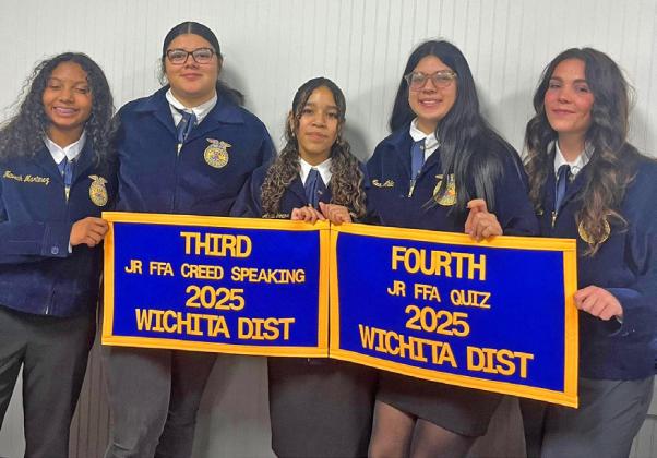 WICHITA DISTRICT BANQUET Knox City FFA members attended the Wichita District Banquet on Monday night, Dec. 8. Abby Young received her 3rd place banner for Jr. Creed Speaking and their Jr. FFA Quiz team members Abby Young, Braden Urbanczyk, Anna Martinez and Kennedy Blackburn received their 4th place banner. | COURTESY PHOTO