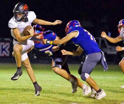 GREYHOUNDS COME UP SHORT Nathan Martinez and Chase Rowland worked hard to contain the Strawn offense but fell short resulting in 65-20 loss. | SHERI BATY PHOTO