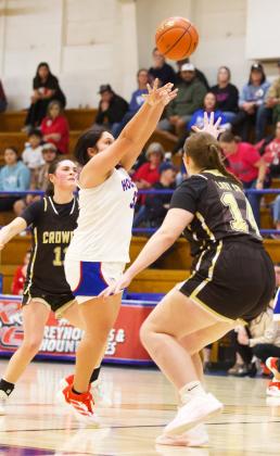 HITTING THE GOAL Houndette Miley Arrieta hits her goal from the heart of the paint. The Houndettes were unable to generate enough momentum to mount a comeback and fell to Crowell 63-43. | SHERI BATY PHOTO