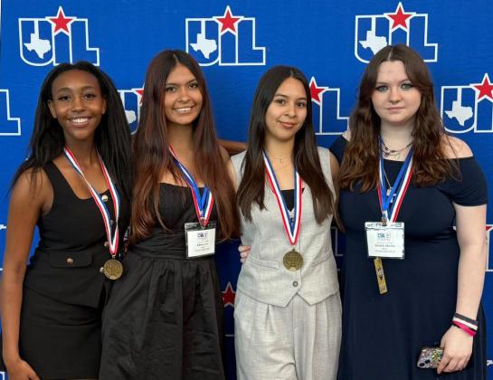 STATE AWARDEES Munday High School theatrical design students (from left) Symia McLemore, Khloee Lee, Victoria Garcia and Nevaeh Alcorta competed May 15–16 at the Austin ISD Performing Arts Center. MHS was the only 1A school to finish in the top six of the competition, which includes 1A-3A. | COURTESY PHOTOS
