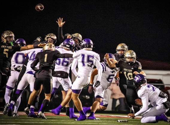 BLOCK ATTEMPT Benjamin travelled to Hermleigh last week to face the Jayton Jaybirds.The Jaybirds try to block Benjamin kicker Tom Michler. | COURTESY PHOTOS