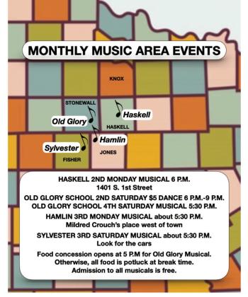 WHERE TO JAM, WHERE TO ENJOY Area musicians make the rounds, and so do listeners and dancers, but knowing the places to go is often a matter of word-of-mouth information. The map legend is up to date as of March 2025 but subject to change over time. All musicians are welcome to participate. Country, gospel, Western Swing and old rock ’n’ roll typically prevail, but other genres are not excluded. All ages are welcome to participate. | MAP BY HANABA MUNNWELCH