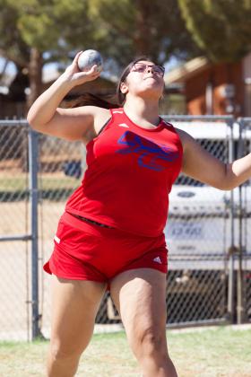 AUDRI PEREZ of Knox City pushes her way to place at the Cottonwood Creek Relays in Roby last week.