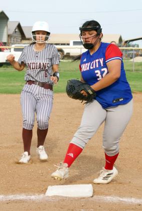 KNOX CITY SOFTBALL VERSUS NORTHSIDE Miley Arrieta steps on third base for the out. | SHERI BATY
