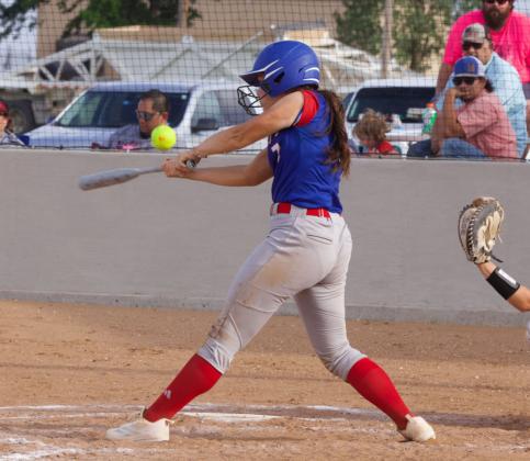 SAVANNAH FRIDDLE gets the base hit. | SHERI BATY