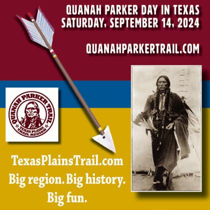 A QUANAH CUTOUT stands next to a Quanah Parker Trail arrow at Wayside, Texas, near to the trail where 150 years ago, on September 28, 1874, in the Battle of Palo Duro Canyon, Col. Ranald S. Mackenzie and the 4th Cavalry descended to the canyon floor and ambushed Comanche, Kiowa and Cheyenne bands seeking refuge there from the converging U.S. forces trying to force them onto reservations —but Quanah with his band of Kwahada were elsewhere. | TEXAS PLAINS TRAIL REGION