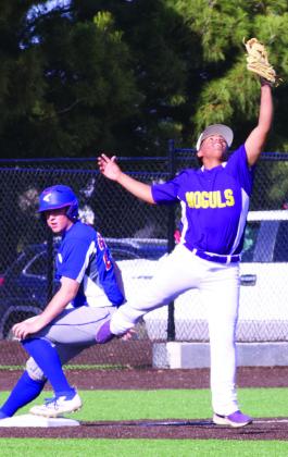 Munday reaches high but John Cross Utley is safe at third. | SHERI BATY PHOTOS