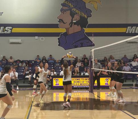 BRAYLYNN MYERS SETTHE BALL just like she has been taught so her teammates can go for the kill.