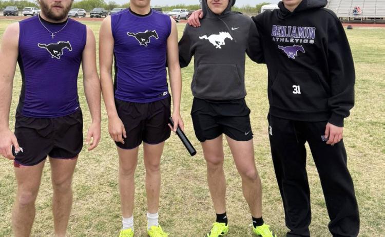 At last week’s Aspermont track meet, personal records abounded for Benjamin tracksters. Keegan Hayes achieved 41’3” in the triple jump for 1st place and 2nd in the long jump by 1/4 inch. Benjamin won second in the sprint relay and 1st in the 800-meter relay. | COURTESY PHOTOS