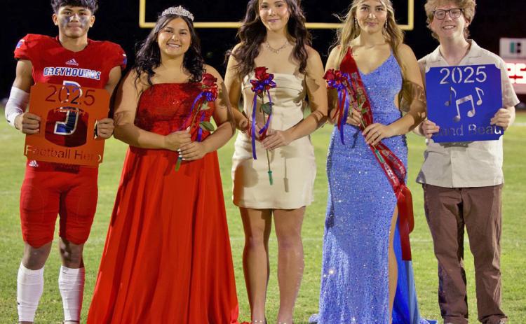 HOMECOMEING COURT Royalty, from left: Zander Abila, Aubrey Lerma, Savannah Friddle, K’Lee Grimsley and Coltan Cox; Football Hero Zander Abila. Due to a tie, there were two Football Sweethearts, Savannah Friddle and Aubrey Lerma. | SHERI BATY PHOTO