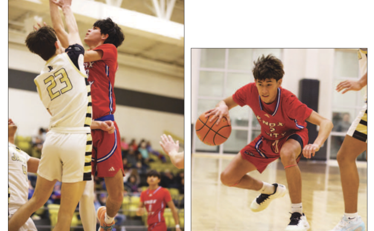 Blake Abila goes up for two. Joe Adam Morelos works his way down the court. | SHERI BATY PHOTO