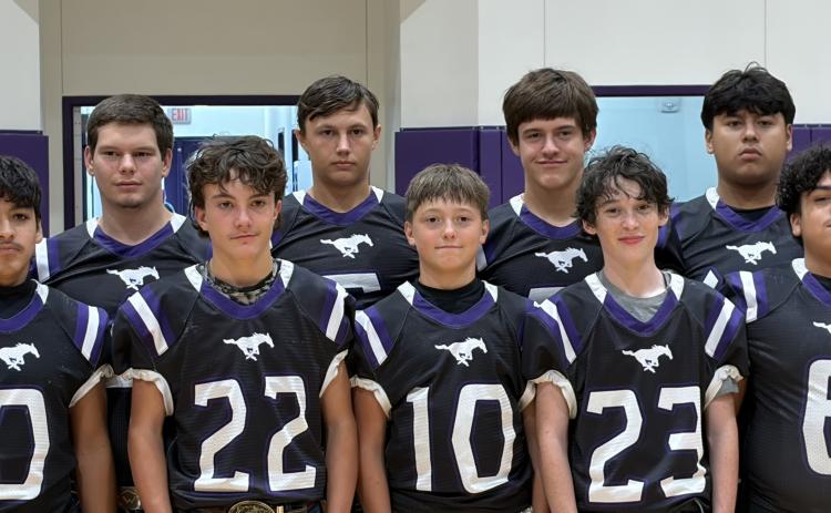 Benjamin Mustangs Football, back row from left: Preston True, Ryder Willden, Hagen Weatherford, Everett Cates, Edgar Robledo, Jace True Front Row; Bentley Irons, Jace Trevino, Zach Faris, Eli Cates, Wyatt Devlin, DJ Martinez, Brantly Barnett