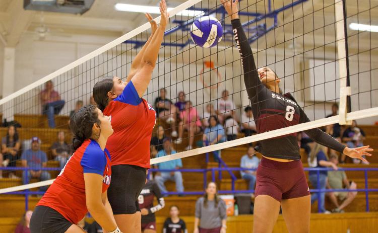 KC VOLLEYBALL Aubrey Lerma makes a big block at the net. | SHERI BATY PHOTO