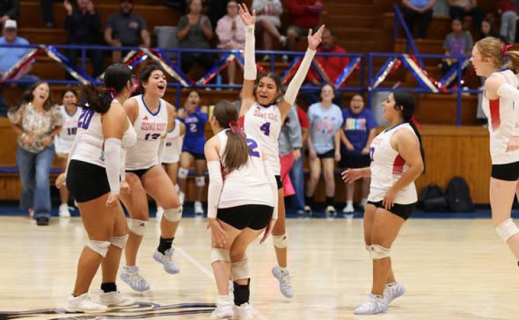 VICTORY IS SWEET Knox City Houndettes celebrate in route to a 5-set nail-biting win over Aspermont on Saturday, Oct. 3, to take possession of the top spot in district play. | COURTESY PHOTO