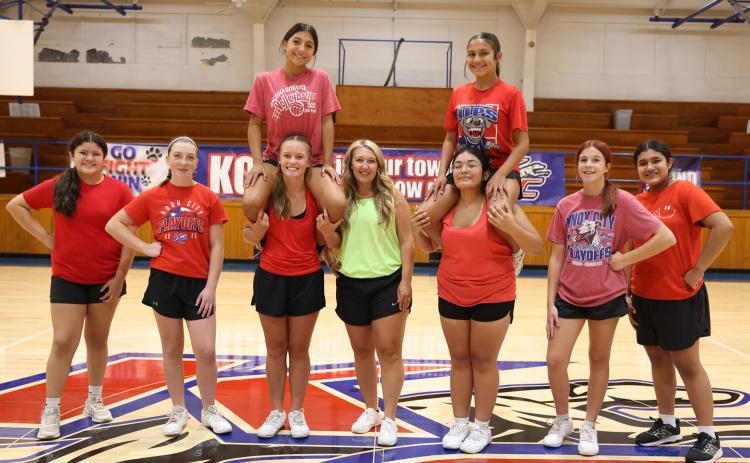 CLINIC TIME KCJH Cheer held a clinic July 31 to focus on building skills. Top row, from left, are Zynleigh Garcia and Lola Myers; bottom row, from left, are_JaKnay Sanchez, Kasadee Grimsley, Kendyl Pepper, Kyra Hall, clinic coach Divina Moreno, Hadley Cayce and Kenya Samano.