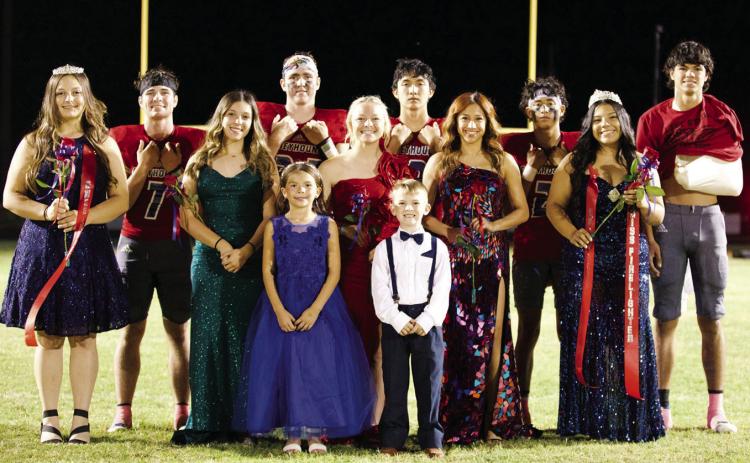 HOMECOMING COURT Back Row (Left to Right): Jay Rick McGaughey, John Cross Utley (Football Hero_, Seth Logsdon (Band Beau), Joe Adam Morelos, Blake Abila. Middle Row (Left to Right): Kylee Stanfield (Band Sweetheart), Railee Arrieta, Krystabel Vasquez, Reyna Alvarez (Miss Firelighter &amp; Football Sweetheart). Front Row: (Escorts) Jaycee Abila and Landon Urbanczyk. | SHERI BATY PHOTO