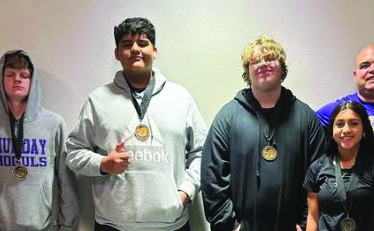 MUNDAY POWERLIFTERS MEDALED Jasmyn Diaz 2nd (97 lb. weight class), Kassidee Henderson 5th (198 lb. weight class), Steven Elkins 3rd (132 lb. weight class), Abraham Gonzalez 5th (308 lb. weight class), Kenlin Rogers 4th (Super Heavy Weight class). | COURTESY PHOTO