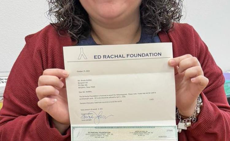 Benjamin teacher Darlene Villanueva was the recipient of a grant for her classroom from the Ed Rachal Foundation. She plans to use the funds for multicultural activities with her students. | COURTESY PHOTO