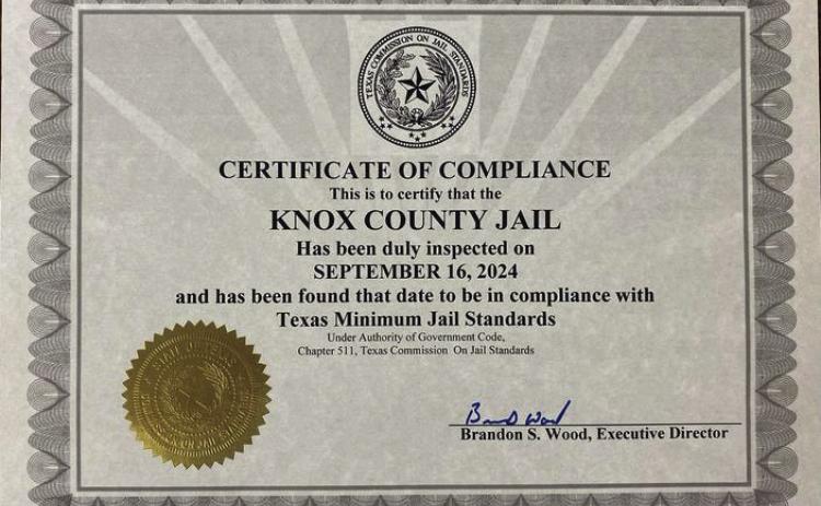 CERTIFICATE OF COMPLIANCE The Knox County Jail received a Certificate of Compliance after state inspection. | COURTESY PHOTO