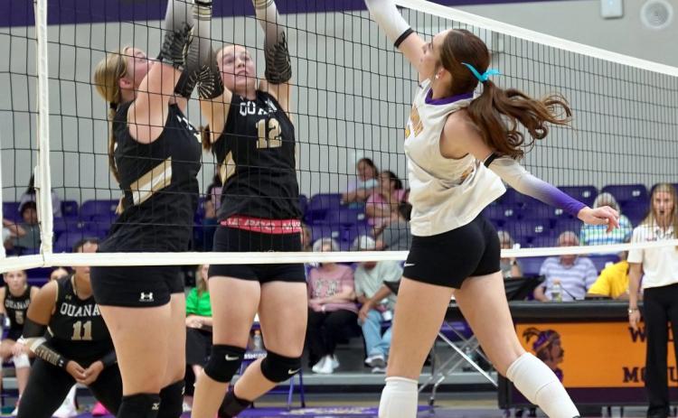 SPIKE Olivia Myers pounds the ball home for a score in the third set Tuesday, Sept. 29, at home in the 3-0 victory over Quanah. | LACI BOWMAN