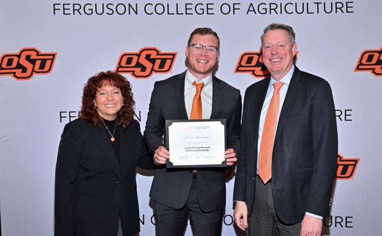 OSU SCHOLARSHIP RECIPIENT Jaxon Bowman (center), a 2023 graduate of Munday High School, was honored by the Oklahoma State University Ferguson College of Agriculture with academic scholarship support for the 2026-–27 academic year