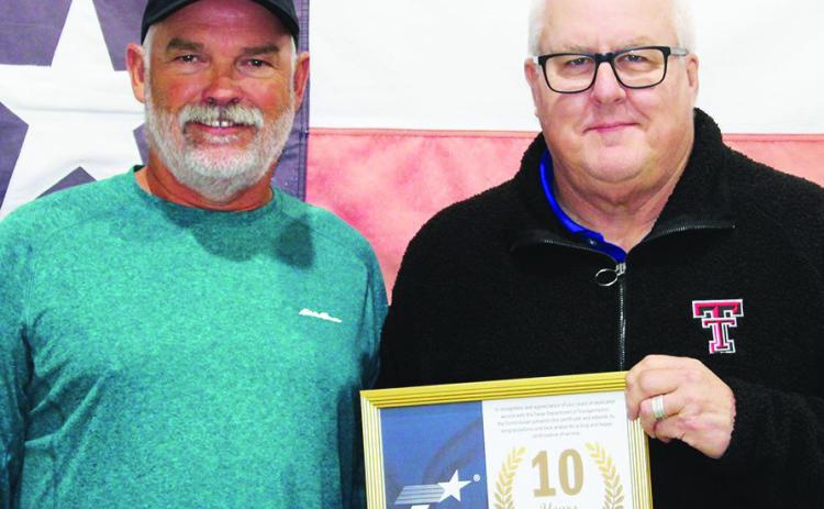 TXDOT Childress District Engineer Darwin Lankford presented the Ten-year service award to General Transportation Tech Terry Messer – Assistant Supervisor in Knox County. “I truly appreciate the hard work and dedication put in by these employees on a daily basis,” Lankford said. “They are committed to making our district one of the best in the state.”| COURTESY PHOTO
