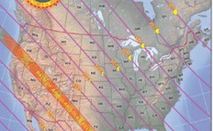 Map tracking the path of the annular solar eclipse across North America on Oct. 14, 2023. Annular means there will be a bright ring of fire visible around the dark disk of the moon.