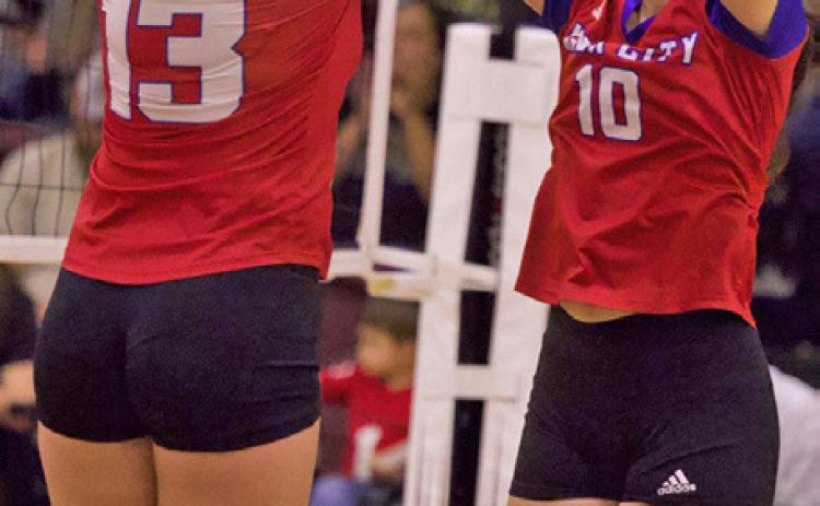 JOB WELL DONE Knox City’s Lexi Abila and Savannah Friddle are happy teammates. | SHERI BATY PHOTO