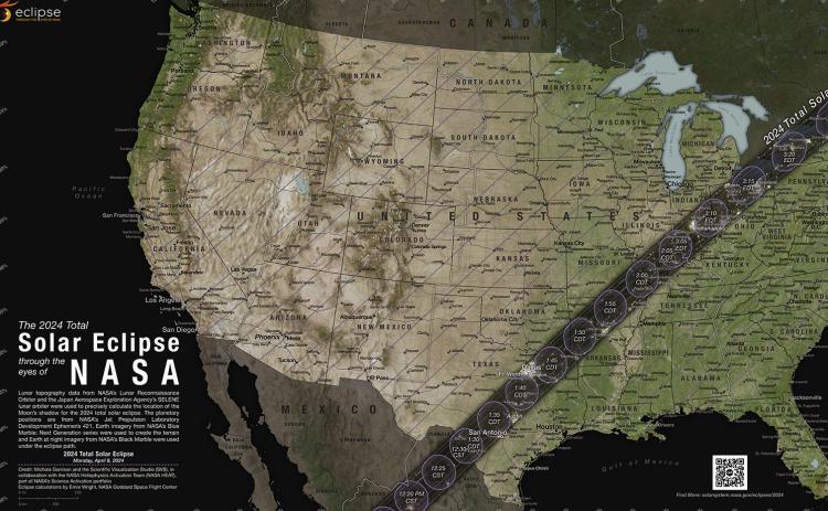 ECLIPSE MAP This map illustrates the path of the Moon’s shadow across the U.S. during the 2024 total solar eclipse. During a total solar eclipse, the sky will darken as if it were dawn or dusk and those standing in the path of totality may see the Sun’s corona. | NASA PHOTO