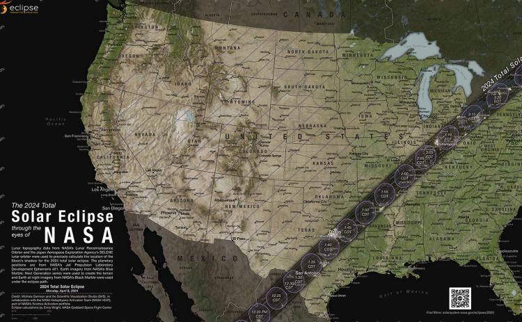 ECLIPSE MAP This map illustrates the path of the Moon’s shadow across the U.S. during the 2024 total solar eclipse. During a total solar eclipse, the sky will darken as if it were dawn or dusk and those standing in the path of totality may see the Sun’s corona. | NASA PHOTO