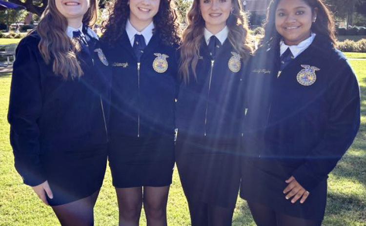 SENIOR AG ADVOCACY Munday’s Kinley Rocha, Brook Urbanczyk, Cody Rae Hunter and Aaralynn Taylor placed seventh in Senior Ag Advocacy at the FFA LDE Contest at Tarleton State University in Stephenville on Wednesday, Oct. 22. | COURTESY PHOTO