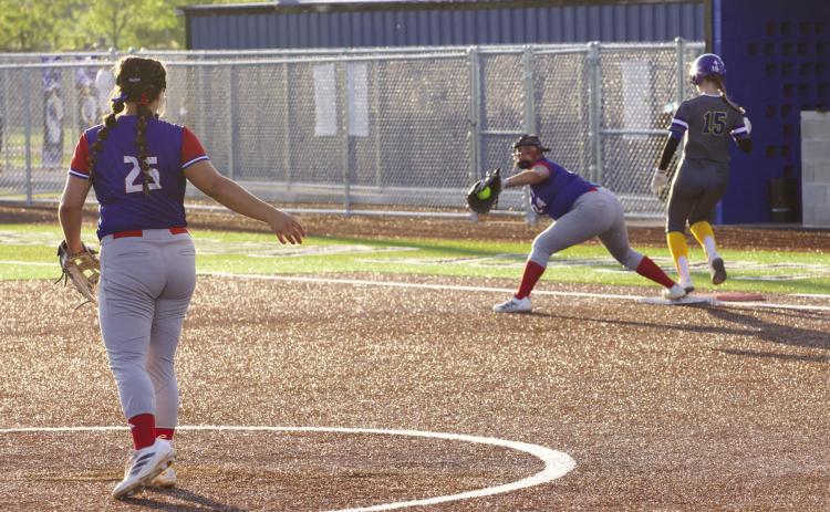 Kylee Stanfield to Aubrey Lerma for the OUT at first base. | SHERI BATY PHOTO