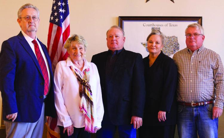 COMMISSIONERS’ COURT SWEARING IN CEREMONY On Thursday, Jan. 2, 2025 the Commissioners held a ceremony swearing in Knox County officials. Pictured from left Judge Don Thompson, Penny Eaton as County Tax Assessor, Ray Herring as County Commissioner Precinct 3, Robyn Harlin as County Attorney, and Louis Baty as County Commissioner Precinct 1. Sheriff Chris Mendoza was subsequently sworn in off-site. Herring, Eaton and Mendoza were incumbents reelected to their posts. | SHERI BATY PHOTO