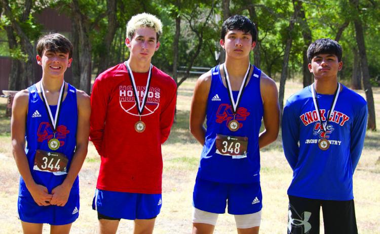 KNOX CITY CROSS COUNTRY MEET KC high boys team of Izaiah Trevino, Jerry Grayson, Seth Logston and Zander Abila placed first at the cross country meet held over the weekend at Copper Breaks State Park.The meet was hosted by Crowell. IzaiahTrevino was the first runner to finish the three mile race. | SHERI BATY PHOTO