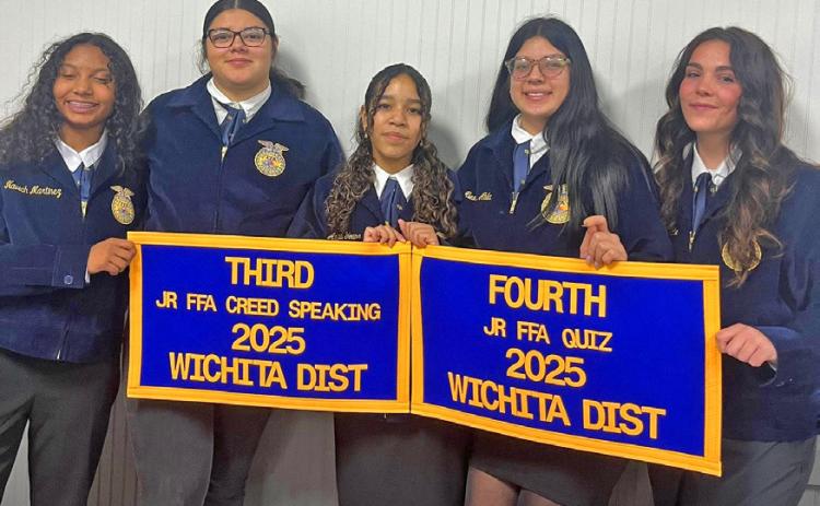 WICHITA DISTRICT BANQUET Knox City FFA members attended the Wichita District Banquet on Monday night, Dec. 8. Abby Young received her 3rd place banner for Jr. Creed Speaking and their Jr. FFA Quiz team members Abby Young, Braden Urbanczyk, Anna Martinez and Kennedy Blackburn received their 4th place banner. | COURTESY PHOTO