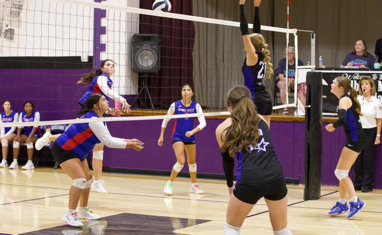 Savannah Friddle attacks the ball.