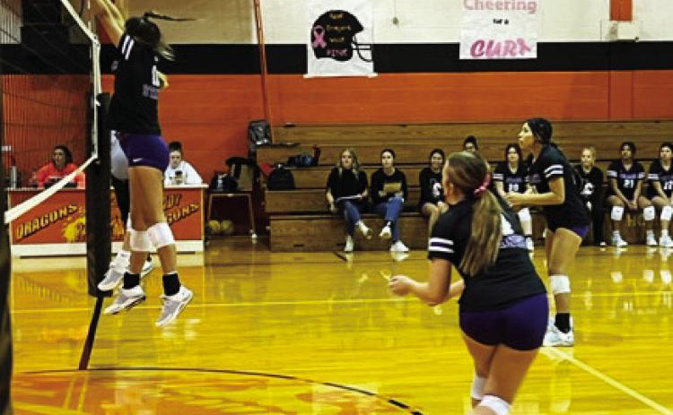 STANG SUCCESS On defense backing up the blockers at the net are #4 junior Eryn Cottingham and #15 senior Celestte Doran. | SUE JANE SULLIVAN PHOTO