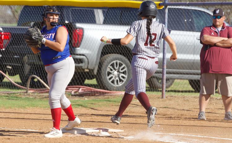 YOU’RE OUT! Aubrey Lerma gets the out at first in a March 23 contest against Northside. | SHERI BATY