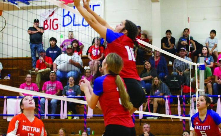 RETURNED Addyson Ledesma meets the ball at the net for the return in the Houndettes win over Rotan. | SHERI BATY PHOTO