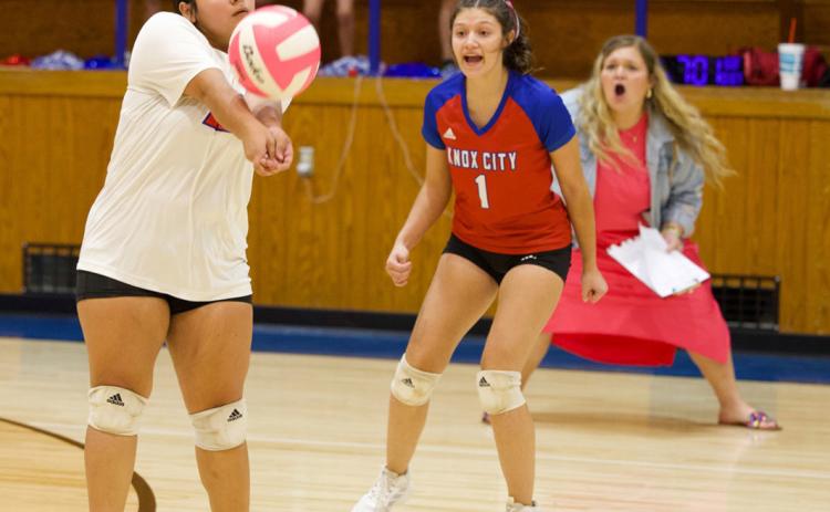 PASSING THE BALL Knox City’s Milee Arrietta passes the ball from the back in last week’s game against Munday. Munday took the win in four sets. | SHERI BATY PHOTO