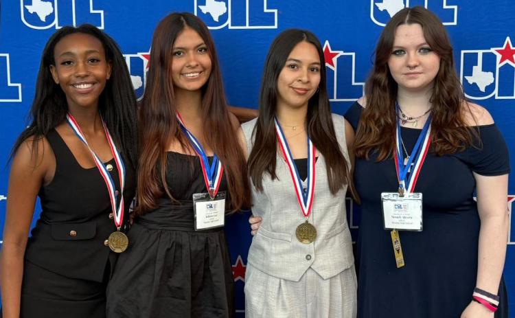 STATE AWARDEES Munday High School theatrical design students (from left) Symia McLemore, Khloee Lee, Victoria Garcia and Nevaeh Alcorta competed May 15–16 at the Austin ISD Performing Arts Center. MHS was the only 1A school to finish in the top six of the competition, which includes 1A-3A. | COURTESY PHOTOS