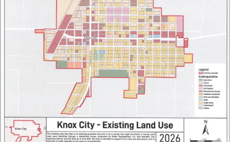 CURRENT CITY LAND USE This map presented to the Knox City Council shows the current use of the lots withing the city limits, will help drive the council’s planning efforts for future land use. | COURTESY GRAPHIC